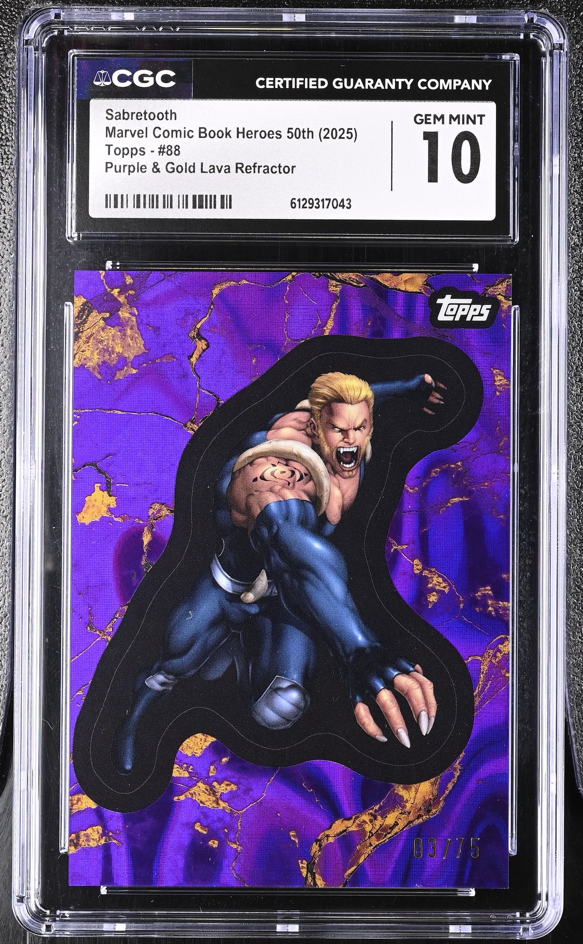 CGC 10 2025 Topps Marvel Comic Book Heroes #88 SABRETOOTH Purple & Gold Lava /75