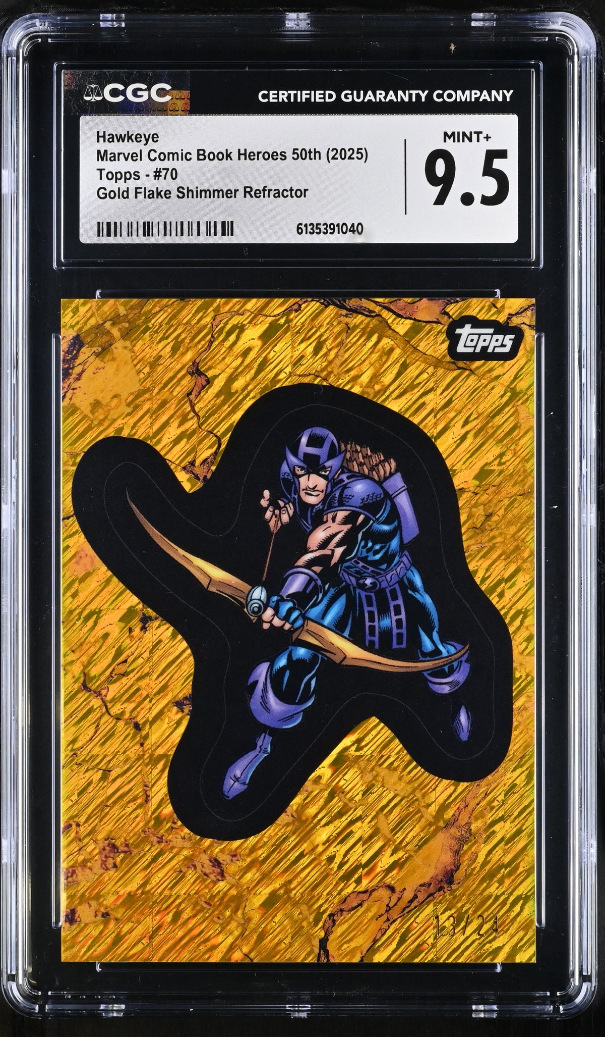 CGC 9.5 2025 Topps Marvel Comic Book Heroes #70 Hawkeye Gold Flake Shimmer 13/24