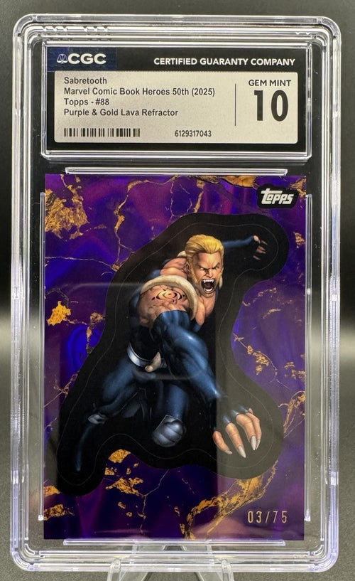 CGC 10 2025 Topps Marvel Comic Book Heroes #88 SABRETOOTH Purple & Gold Lava /75
